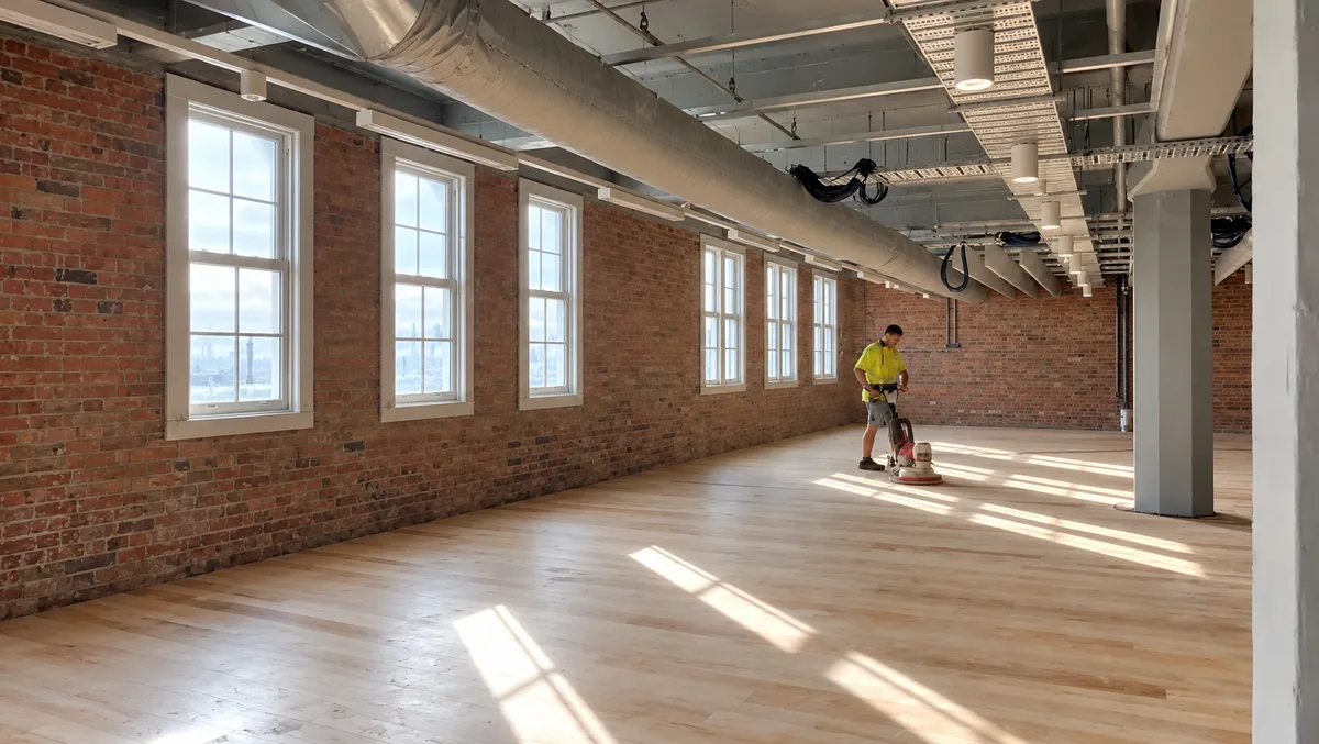 Commercial timber floor sanding in a spacious brick-walled interior