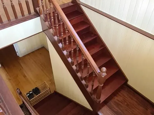 Polished timber staircase and landing viewed from above