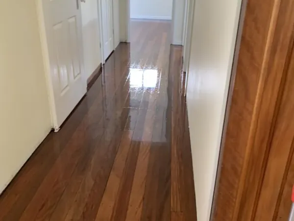 Polished dark timber floor along a hallway with white doors