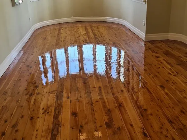 Glossy golden floorboards in a room with a curved bay window