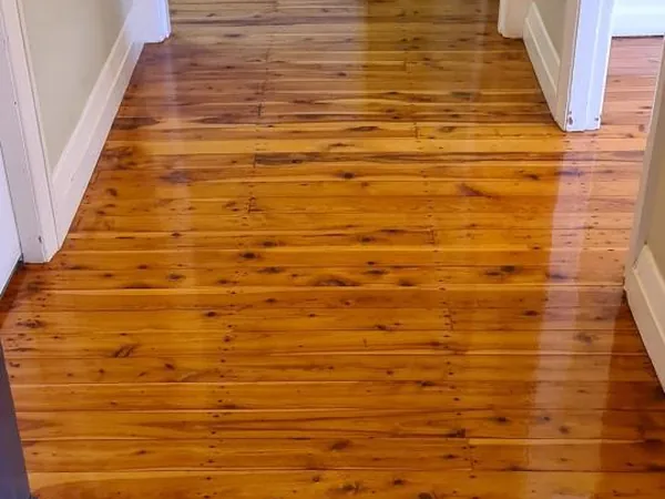 Golden timber floor running through a white hallway towards an adjoining room