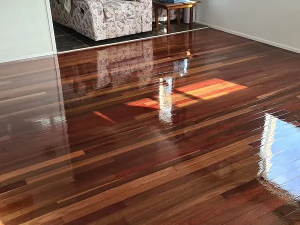 Sunlight reflecting on polished reddish floorboards near a doorway