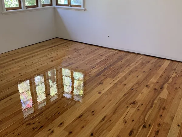 Golden timber floor with visible knots beneath a corner window