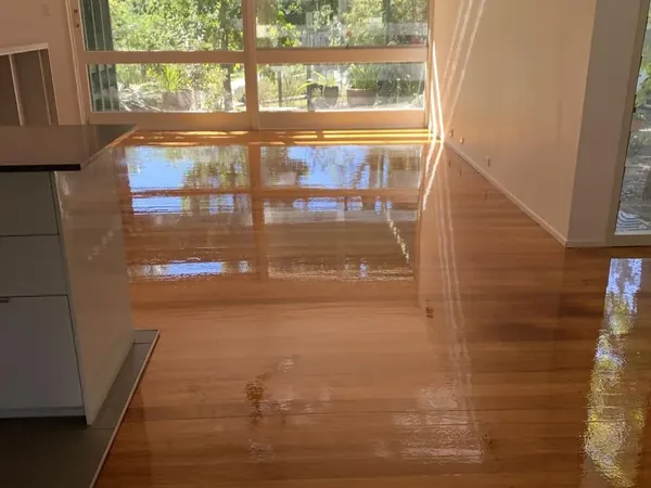 Golden timber floor extending from a kitchen into a bright dining area